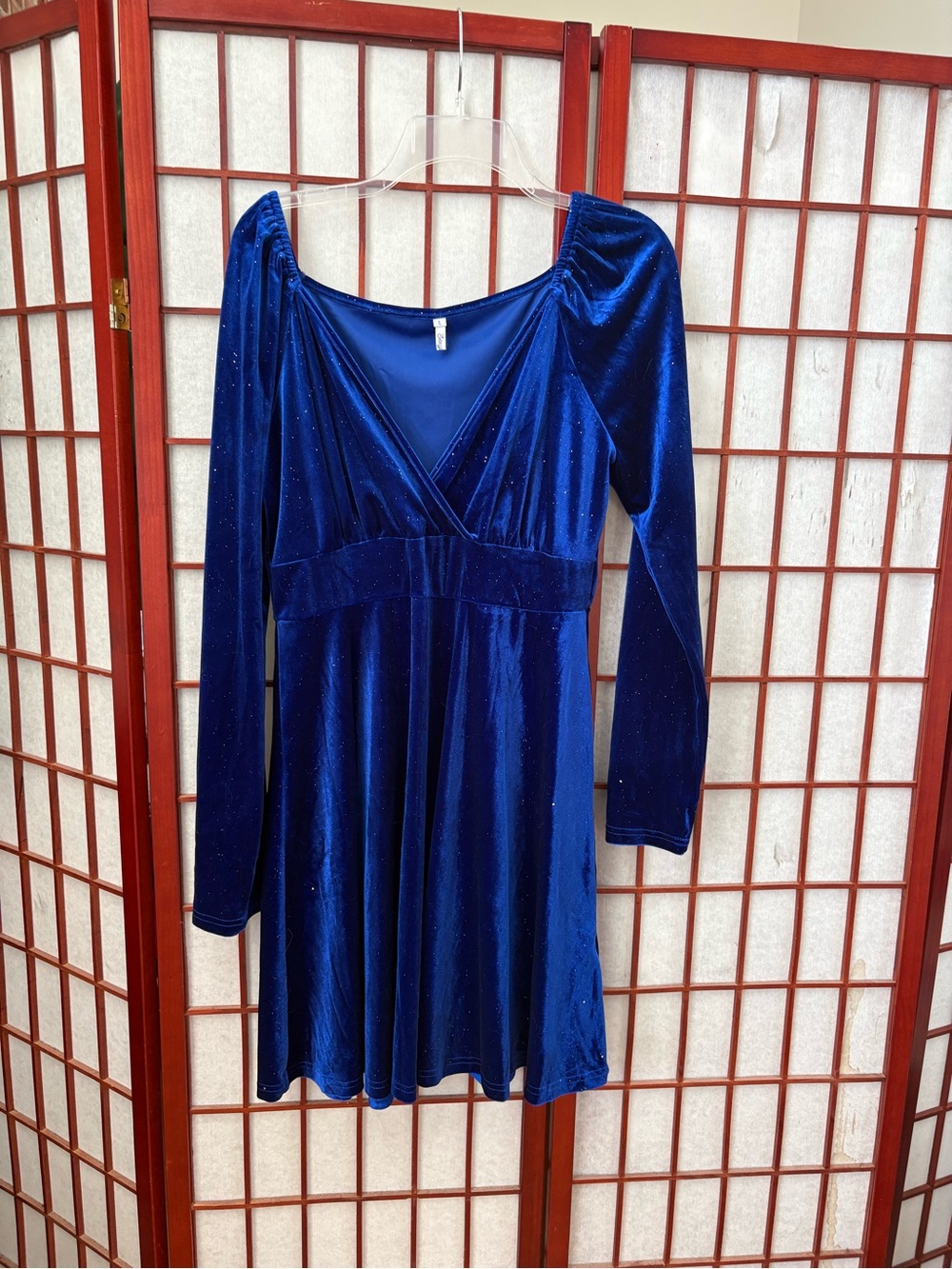 Royal Blue Velvet Long-Sleeve Wrap Dress